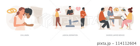 Family law isolated concept vector illustration set. Family law isolated concept vector illustration set. 114112604
