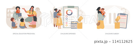 Daycare financial help isolated concept vector illustration set. 114112625