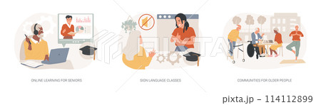 Senior community and education isolated concept vector illustration set. Senior community and education isolated concept vector illustration set. 114112899