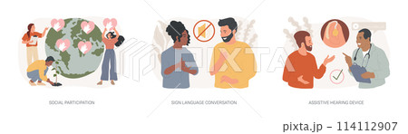 Social engagement isolated concept vector illustration set. 114112907