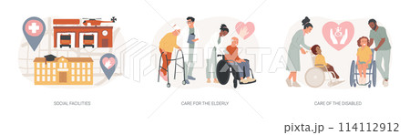 Social services work isolated concept vector illustration set. Social services work isolated concept vector illustration set. 114112912