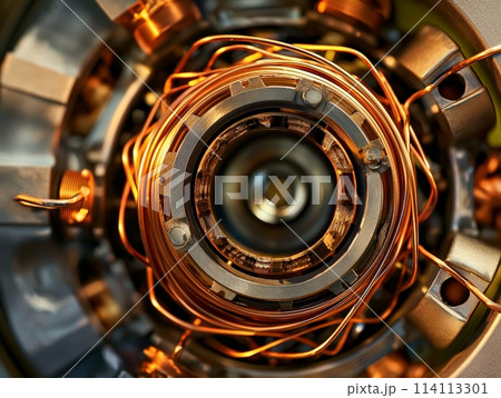 Intricate electric motor details highlighting copper windings and mechanical parts. 114113301