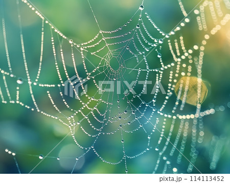 Glistening dew drops cascade along the delicate strands of a spider web against a soft, green backdrop. 114113452
