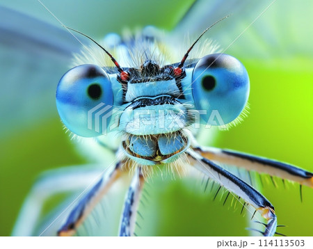 Close-up view of a damselfly showcasing intricate details and vibrant colors. 114113503