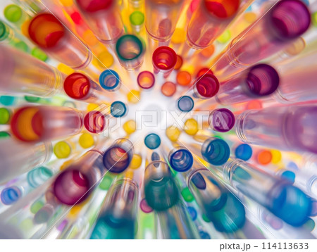 An array of vibrant test tubes viewed from above creating a kaleidoscope effect. 114113633