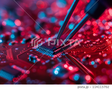 Close-up of tweezers working on a microchip, illustrating high-tech electronic repair. 114113702