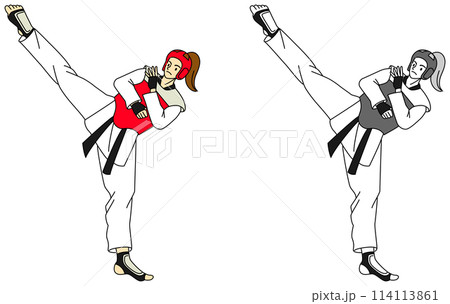 テコンドーをする女性選手のイラストセット テコンドーをする女性選手のイラストセット 114113861
