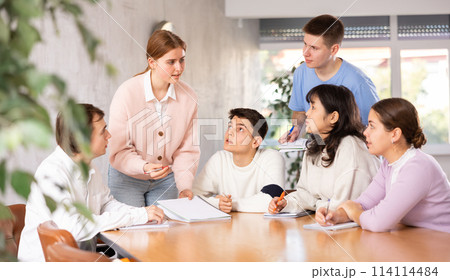 Smiling young female team leader holding meeting with fellow students 114114484