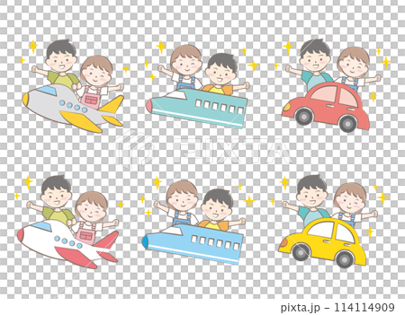 Children riding various vehicles, summer vacation, travel 114114909
