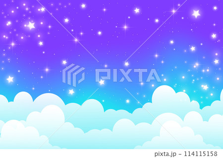 Night cloudy sky. Blue abstract space with stars and sparkles. Cute dreamy wallpaper with magic light. Dark evening heaven landscape. Vector gradient sunrise with twilight calm dusk. 114115158