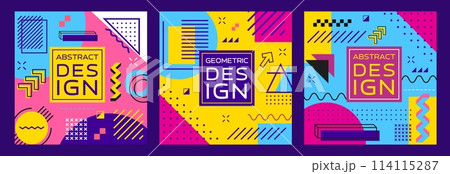 Abstract geometric Memphis banners. Modern square templates, feature vibrant colors, simple shapes and bold patterns in retro-modern style of 1980s design movement. Vector playful cards or story posts 114115287