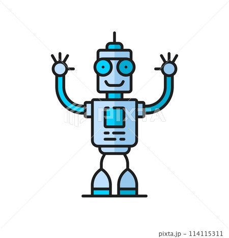 Alien retro virtual bot, futuristic robot, game humanoid droid outline color icon. Robotic technology artificial intelligence bot, humanoid robot or future machine vintage droid outline vector icon 114115311