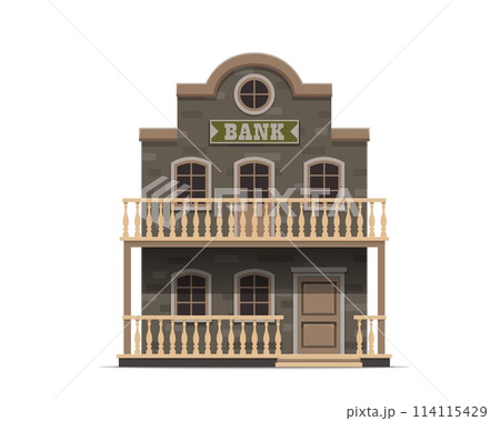 Western bank building, wild west. Isolated vector old american town wooden architecture facade. Country financial establishment with large windows, terrace, balusters and central entrance with a porch Western bank building, wild west. Isolated vector old american town wooden architecture facade. Country financial establishment with large windows, terrace, balusters and central entrance with a porch 114115429