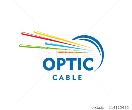 Fiber optic cable icon. Isolated vector emblem with colorful dynamic wire linea in blue circle. Symbol of high-speed internet connection, telecommunication, data traffic transmission and connectivity 114115436