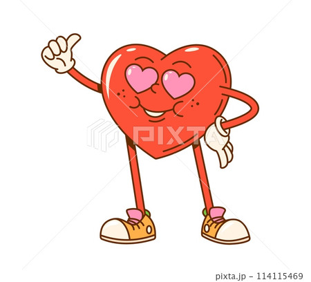 Cartoon groovy valentine love heart character with loving eyes. Valentines Day vector personage of red heart showing thumb up. Retro groovy hippy emoticon of romantic love and cool emotion expression 114115469