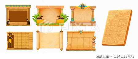Arcade game frames, ancient Egypt. Vintage Egyptian stone wall and papyrus. Cartoon vector rock textures, gods and hieroglyphs. Set of gui or ui elements for antique civilization quiz or puzzle game Arcade game frames, ancient Egypt. Vintage Egyptian stone wall and papyrus. Cartoon vector rock textures, gods and hieroglyphs. Set of gui or ui elements for antique civilization quiz or puzzle game 114115475