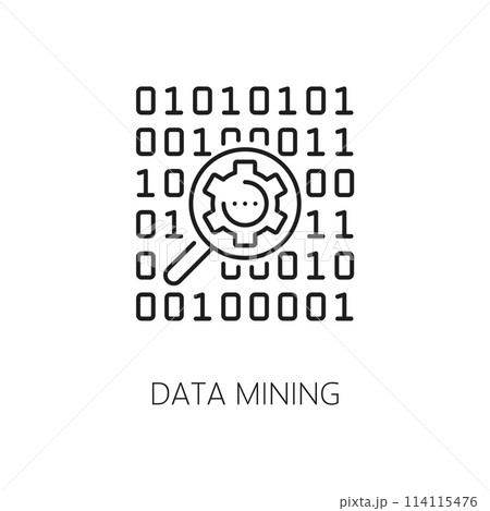 Machine learning, AI artificial intelligence data mining algorithm icon. Artificial intelligence science, AI data analysis digital innovation line vector symbol with binary code and magnifying glass 114115476