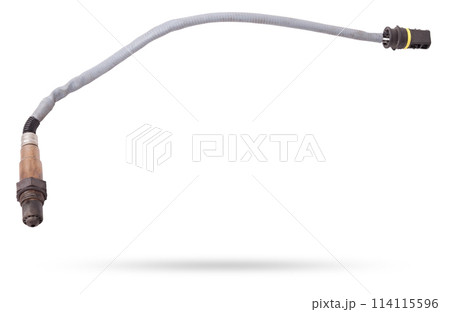 Lambda probe - oxygen sensor device designed to record tamount of remaining oxygen in the exhaust gas of car engine is located in exhaust system. Metal spare part for replacement to repair in workshop Lambda probe - oxygen sensor device designed to record tamount of remaining oxygen in the exhaust gas of car engine is located in exhaust system. Metal spare part for replacement to repair in workshop 114115596