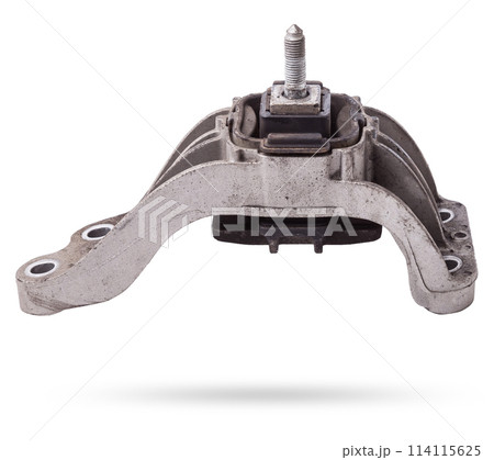 Metal bracket - a supporting part or structure used to mount car elements on a white isolated background in a photo studio. Spare parts for replacement or sale in a car service. Metal bracket - a supporting part or structure used to mount car elements on a white isolated background in a photo studio. Spare parts for replacement or sale in a car service. 114115625