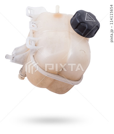 Coolant expansion tank white on an isolated background with black details. A unit of a liquid cooling system for internal combustion engines, a capacity of a special design. Coolant expansion tank white on an isolated background with black details. A unit of a liquid cooling system for internal combustion engines, a capacity of a special design. 114115654