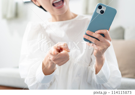 スマホを見て怒る女性 スマホを見て怒る女性 114115873