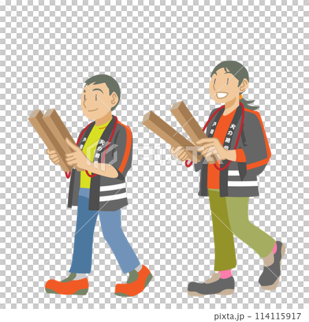 柏子木を持って見回りをする子供達のイラスト 114115917