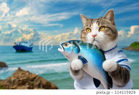 魚を両手に抱える、可愛い猫 青空と海 魚派にゃんこのイラスト素材 [114115929] - PIXTA