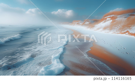 浜辺に雪が積もった冬の海　AI生成画像 114116165