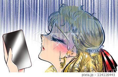 携帯電話を見て突然泣き出し、取り乱す70年代少女漫画風のお嬢様 携帯電話を見て突然泣き出し、取り乱す70年代少女漫画風のお嬢様 114116443
