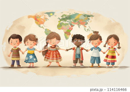 違う国の子供達が仲良く手を繋いでいるイラスト。平和イメージ 114116466