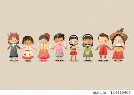 違う国の子供達が仲良く手を繋いでいるイラスト。平和イメージ 114116467