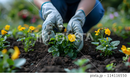 Gloved person plants flowers in a garden, surrounded by natural beauty 114116550