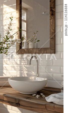 Interior design property with sink, mirror, and tap on wall 114116884