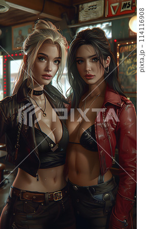 two beautiful women are standing next to each other in a room 114116908