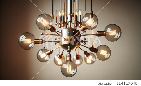 Close-Up of Retro Mid Century Modern Chandelier With Hanging Light Bulbs 114117049