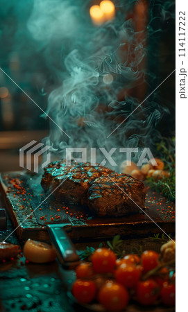 Cooking steak on cutting board with smoke, using Plum tomato in recipe 114117222