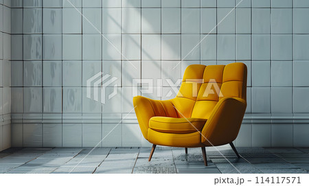 Furniture chair in yellow color against white tiled wall in building interior 114117571