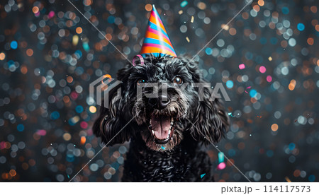 A Terrier dog wearing a party hat sits in front of confetti at an event 114117573