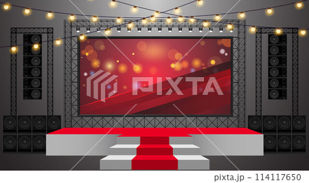 red stage and speaker with led screen on the truss system on the white background	 114117650