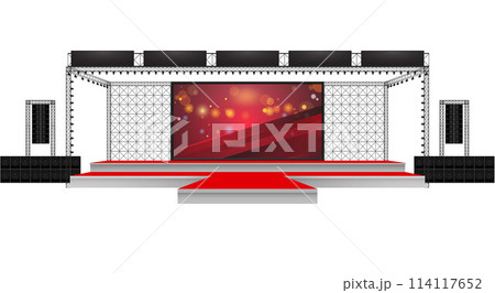 red stage and speaker with led screen on the truss system on the white background	 114117652