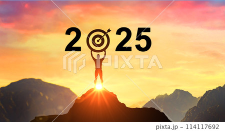 2025. Welcome Happy new year 2025. Man meets dawn in mountains. happy New Year 2025. New Start motivation inspirational quote message on silhouette of winner 2025. Welcome Happy new year 2025. Man meets dawn in mountains. happy New Year 2025. New Start motivation inspirational quote message on silhouette of winner 114117692