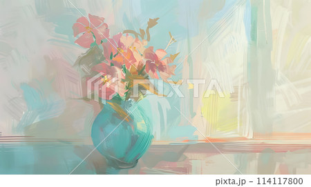 Flowers in an aqua vase paint a creative art piece 114117800