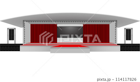 red stage and speaker with led screen on the truss system on the white background	 114117826