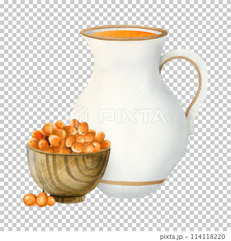 Fresh sea buckthorn juice in white ceramic jug and wooden bowl with orange Hippophae berries watercolor illustration isolated on white. Hand drawn healthy drink for rustic vegan and diet food Fresh sea buckthorn juice in white ceramic jug and wooden bowl with orange Hippophae berries watercolor illustration isolated on white. Hand drawn healthy drink for rustic vegan and diet food 114118220
