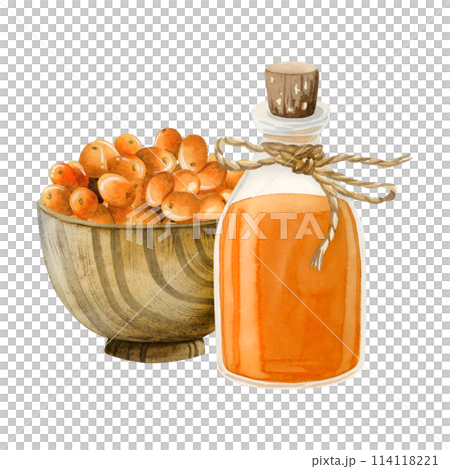Buckthorn oil in glass bottle with wooden bowl full of orange berries watercolor illustration isolated on white background. Organic herbal Hippophae product for healthy lifestyle and medicine 114118221