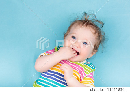 Little baby on blue blanket Little baby on blue blanket 114118344