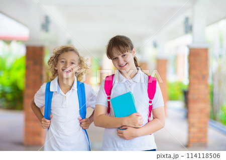 Kids back to school. Happy student with backpack. 114118506