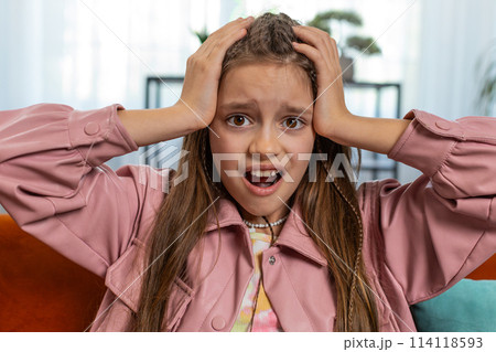 Young sad girl child feeling hopelessness and loneliness nervous breakdown loss unlucky bad news 114118593
