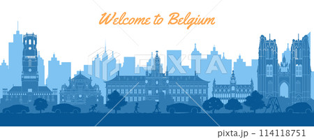Belgium famous landmarks in situation of downtown by silhouette style Belgium famous landmarks in situation of downtown by silhouette style 114118751