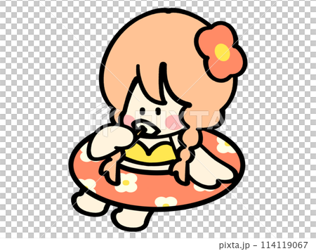 穿著泳衣的女孩拿著浮子吃冰淇淋的變形插畫素材 114119067